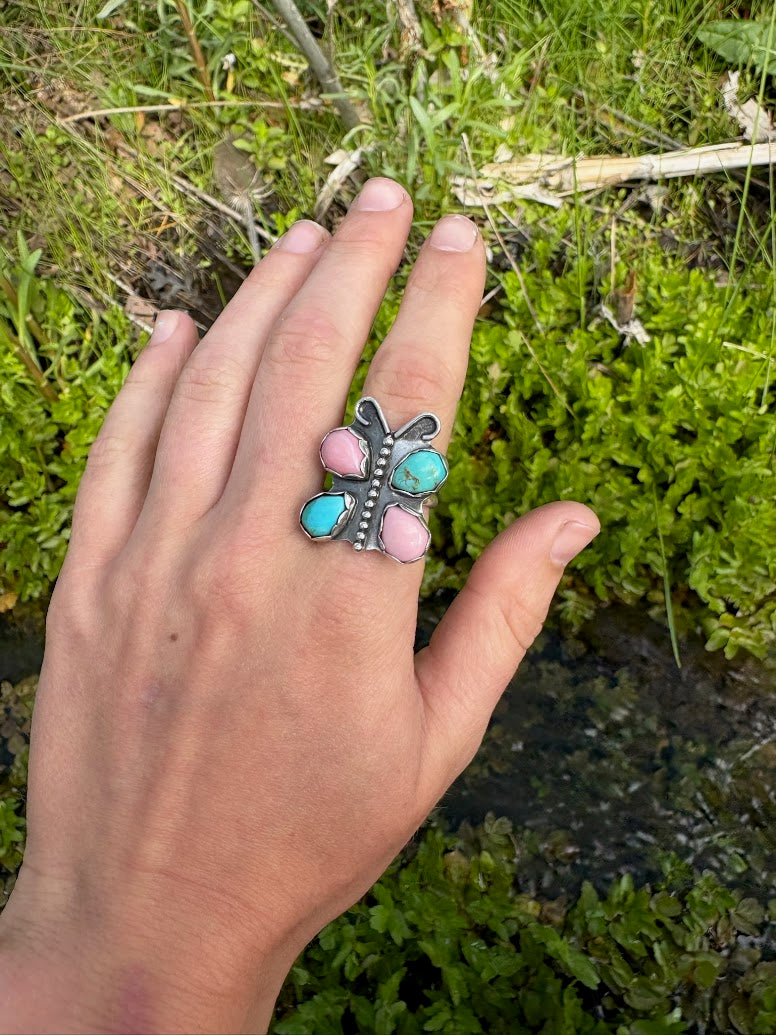 Pink Conch & Turquoise Butterfly Ring